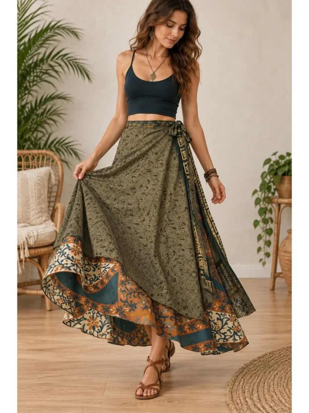 Reversible Sari Silk Magic Wrap Skirt Boho Festival Hippie Handmade India OS